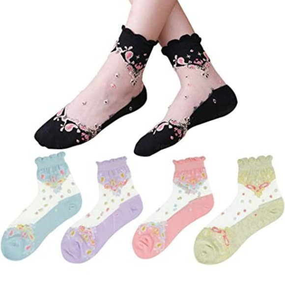 NEW COLORS AVAILABLE 💐 2 for $20 Bridgerton Style Embroidered Sheer Lace Socks - Picture 2 of 4